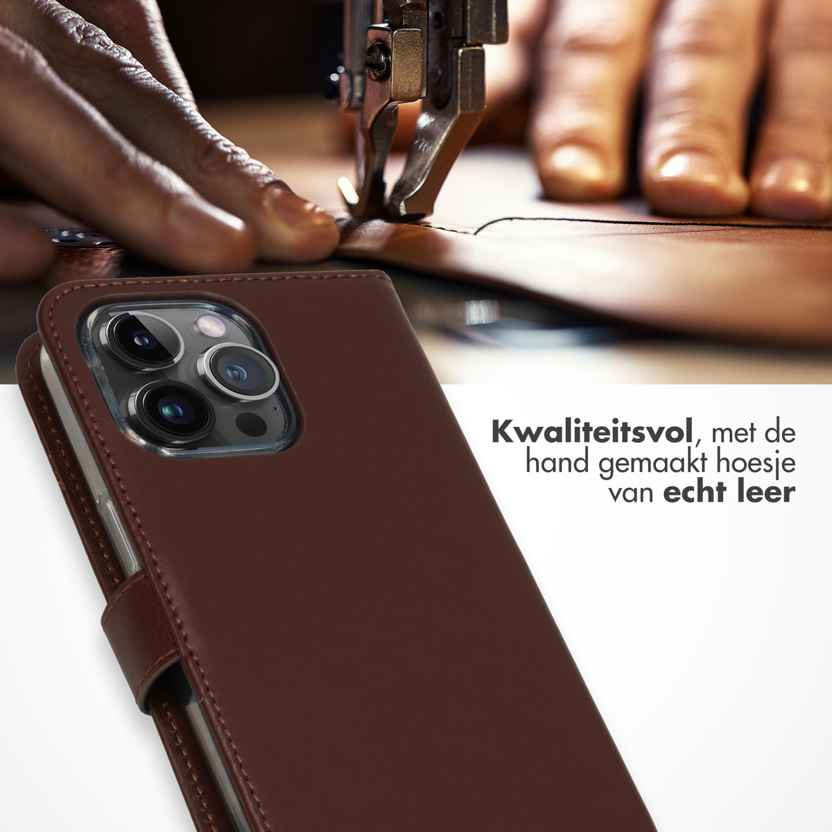 Une coque de téléphone marron est en train d'être cousue. Gros plan sur le téléphone et la machine à coudre.
