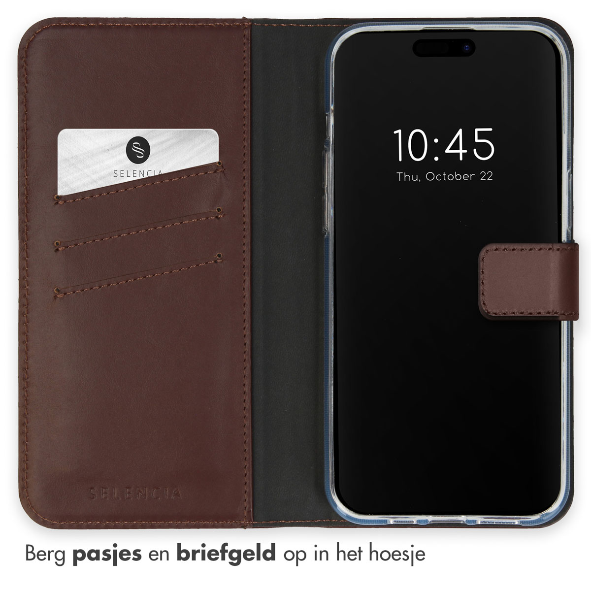 Étui portefeuille marron avec un téléphone à l'intérieur. La carte est visible. Texte : Rangez les cartes et l'argent dans l'étui.