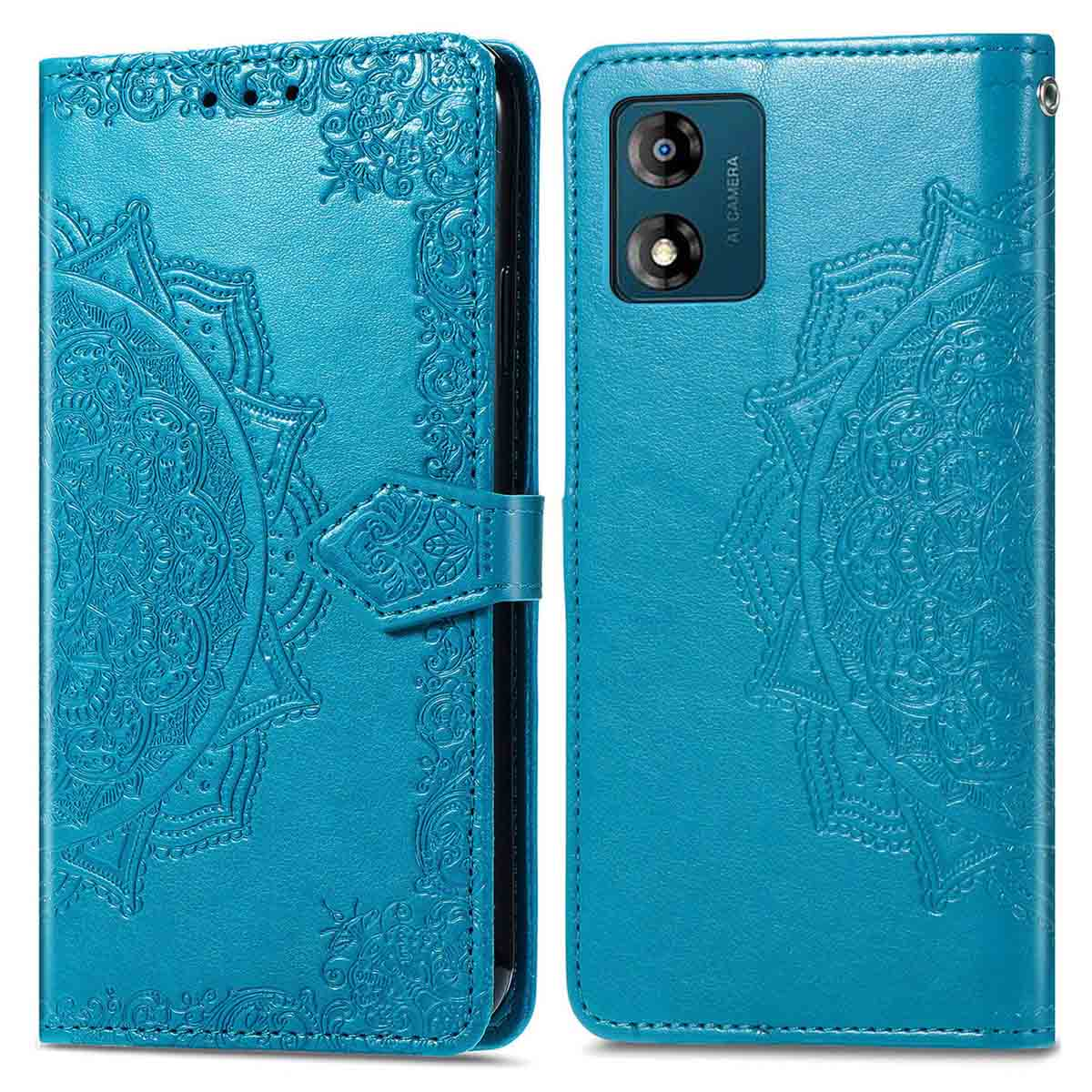 Turquoise telefoonhoesje, reliëf bloemenontwerp, open en dicht. Met een sluiting.