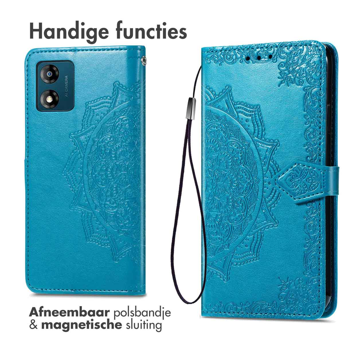 Een blauwe telefoonhoes met een patroon, die de voor- en achterkant laat zien.