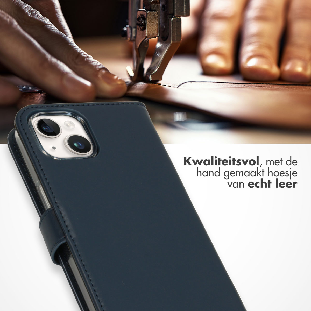Blue leather phone case being stitched. Text: High quality, handmade case of real leather.