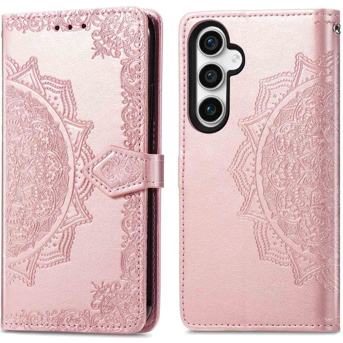 Roze telefoonhoes met mandala-ontwerp, open en gesloten. Voorzien van gesp en camera-uitsparingen.