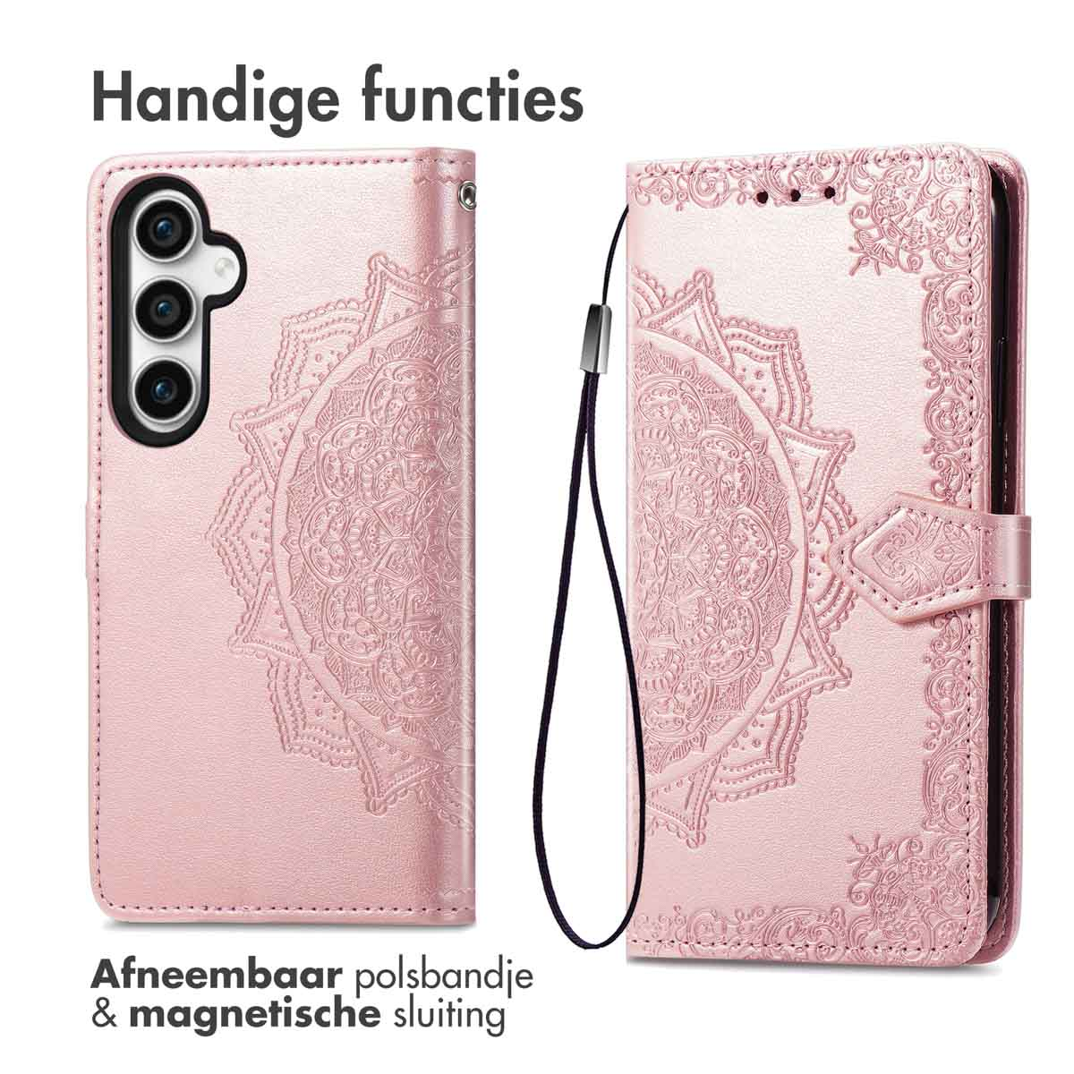 Roze telefoonhoesje met bloemenontwerp, open en dicht. Polsbandje en magnetische sluiting.