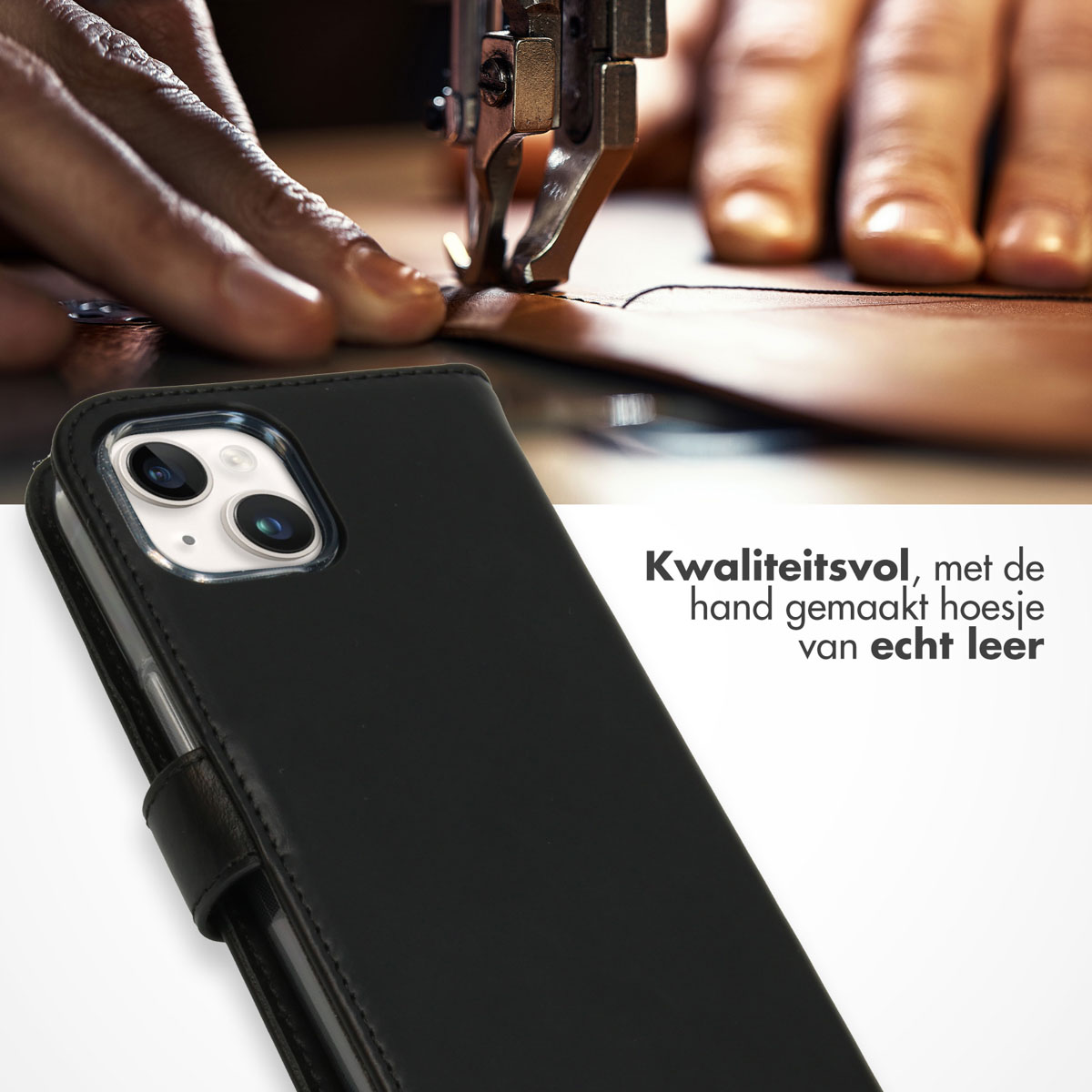 Close-up of a black phone case being sewn together by a sewing machine with a hand.