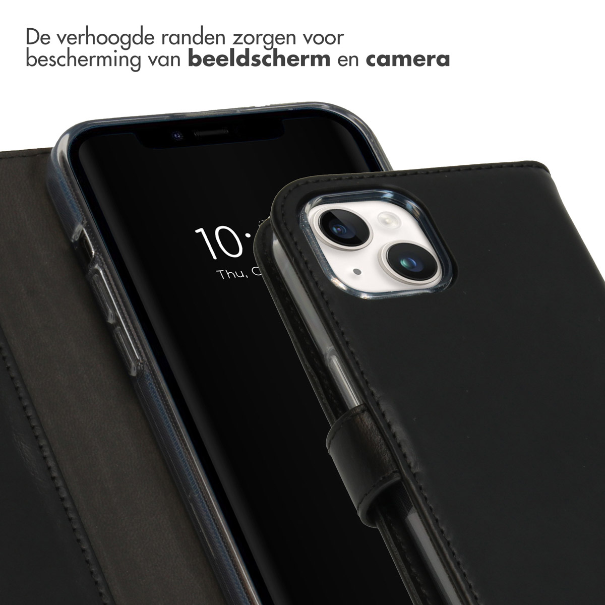 A black phone case with a phone inside, open, showing a screen and the borders.