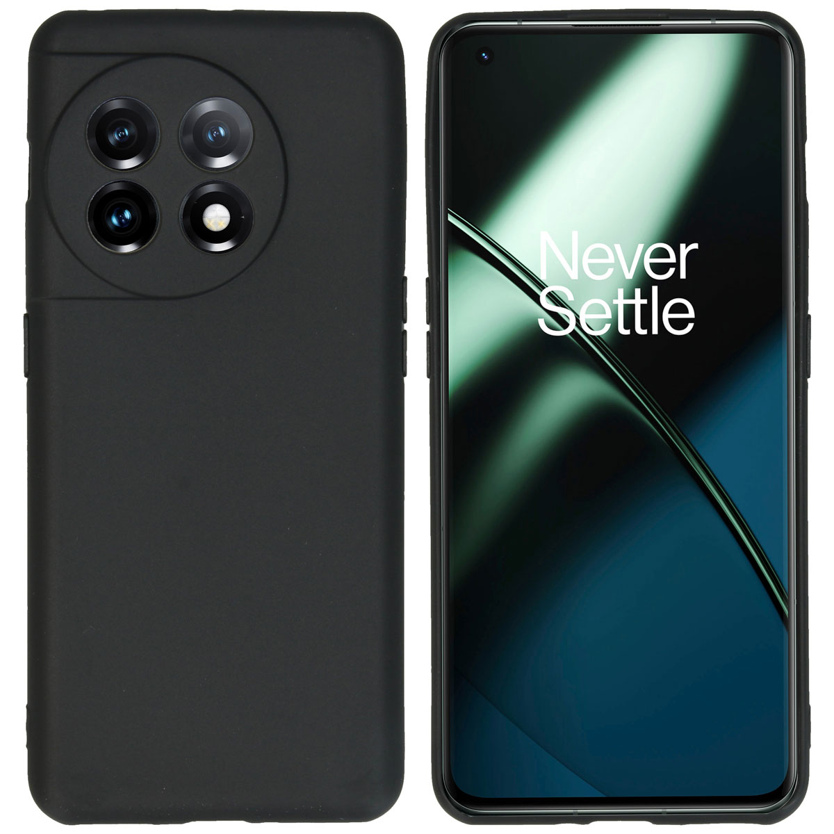 Custodia per telefono nera, con tre fotocamere in un cerchio e le parole Never Settle sullo schermo.