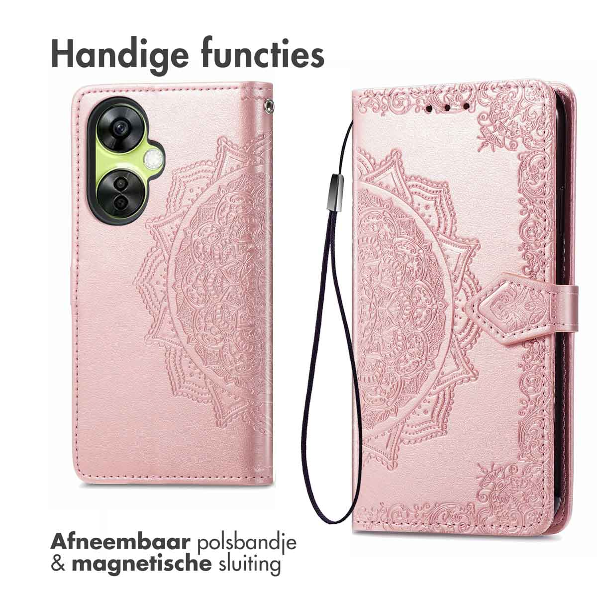 Custodia per telefono rosa con design mandala. Il testo dice: Funzioni pratiche. Cinturino da polso rimovibile e chiusura magnetica.