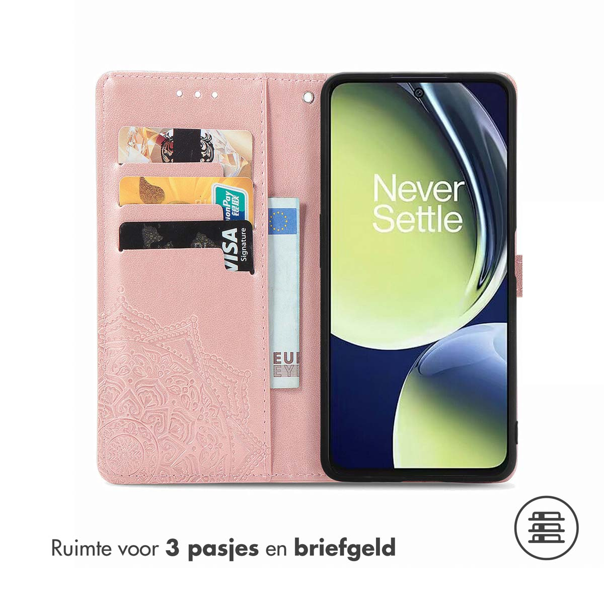 Una custodia rosa con carte e denaro all'interno. Il telefono è all'interno della custodia. C'è spazio per 3 carte.