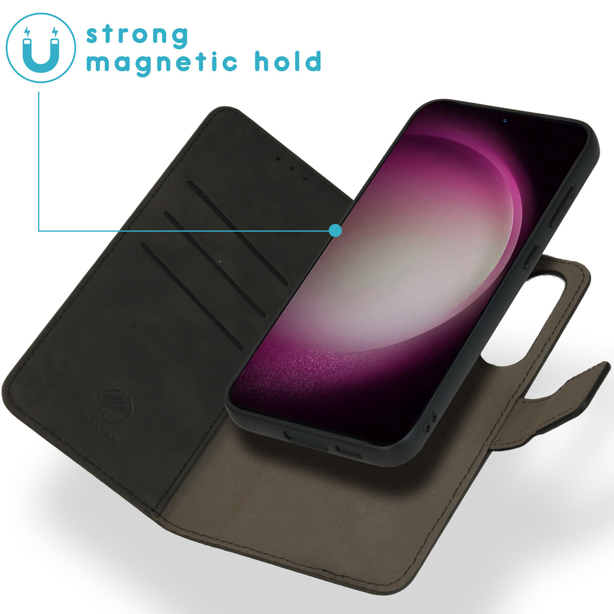 Zwarte telefoonhoes geopend met een telefoon. Tekst: sterke magnetische grip.