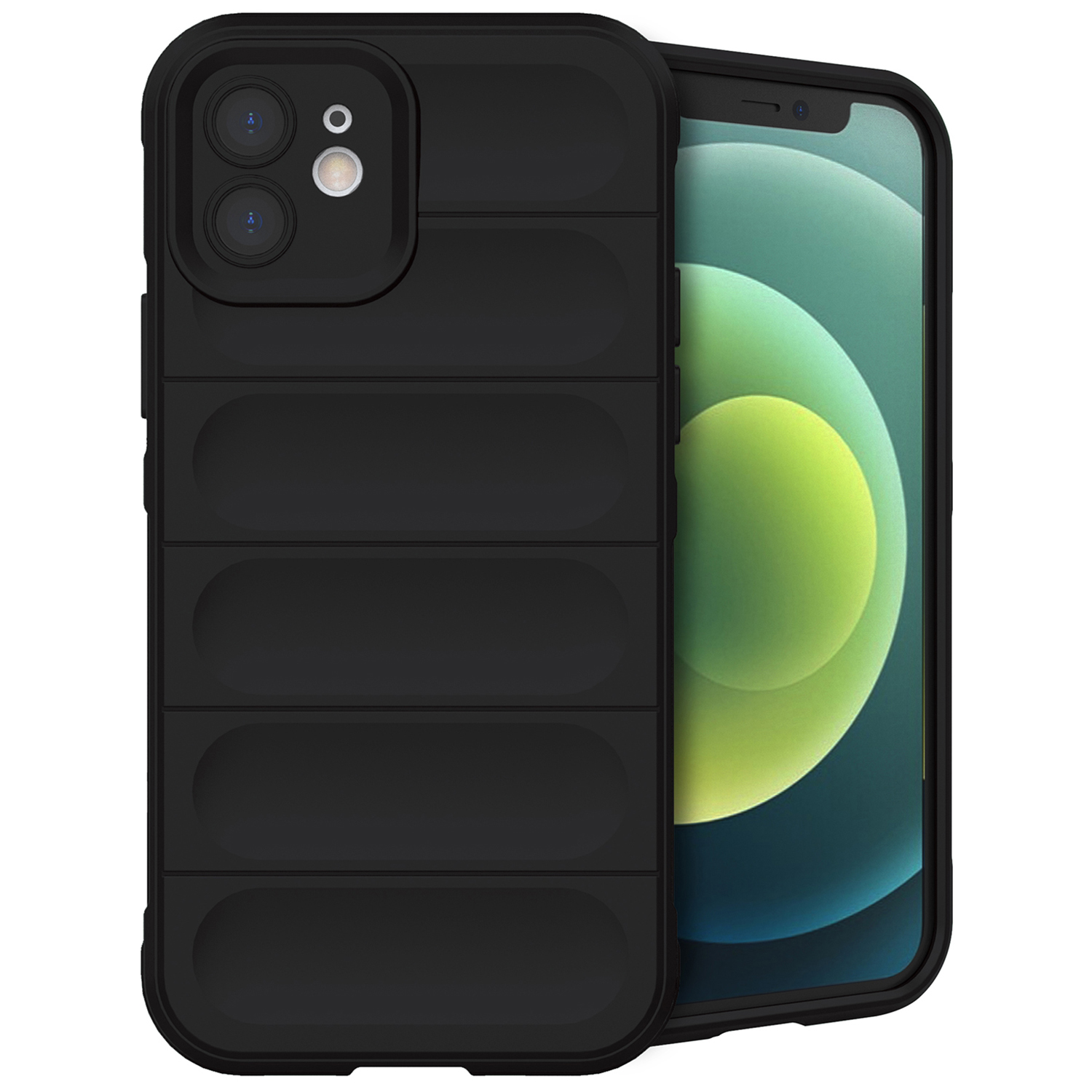 Coque de téléphone noire robuste avec un téléphone à l'intérieur. La coque a un design matelassé.