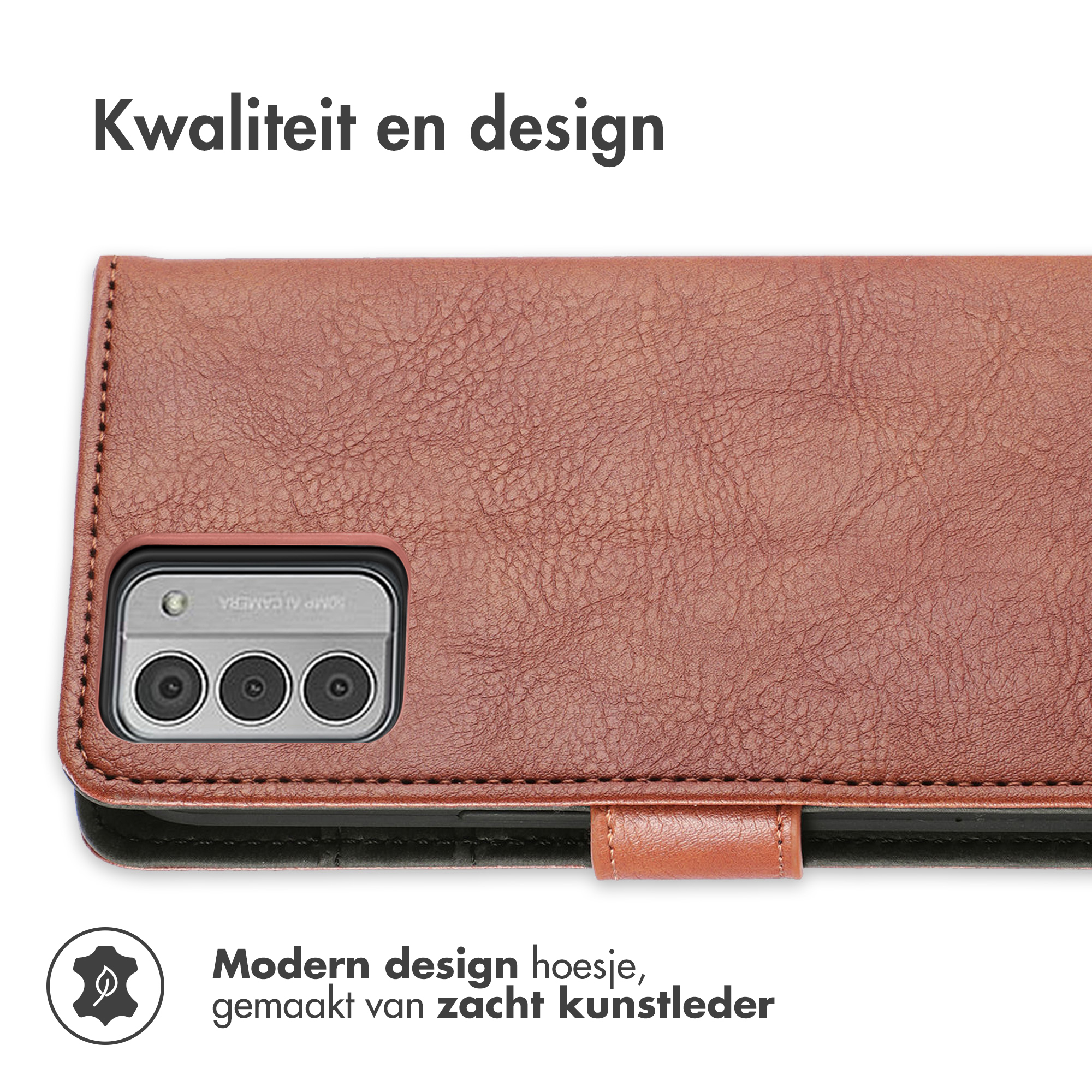 Bruine telefoonhoes met close-up van de camera en een ontwerp met de tekst modern design.