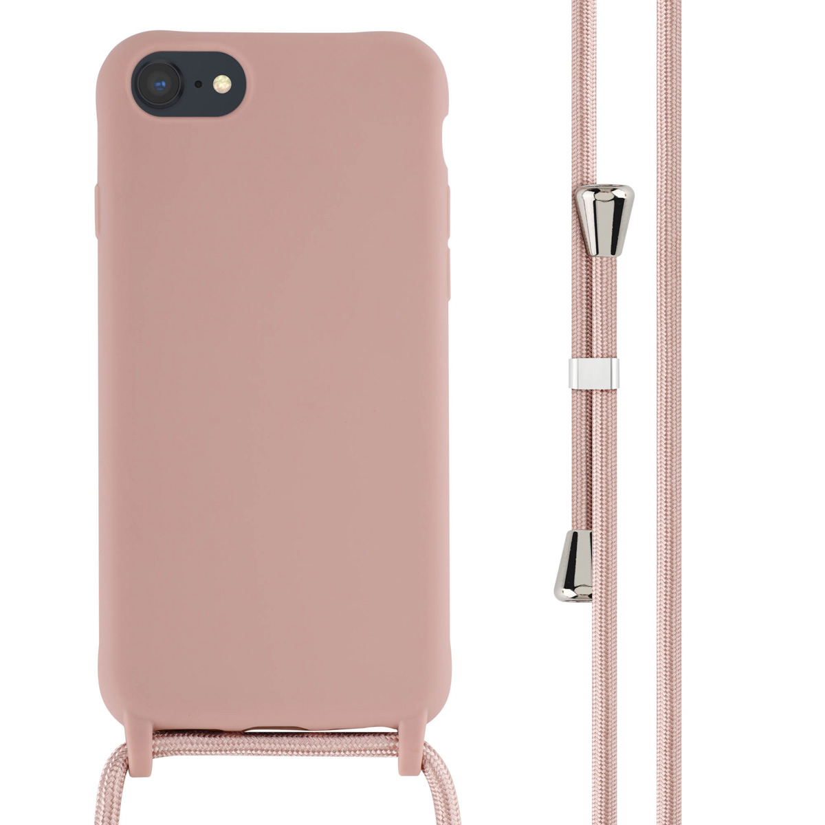 Telefoonhoesje met een touwtje. De hoes is roze en het touwtje ook. Zilveren accenten op het touwtje.