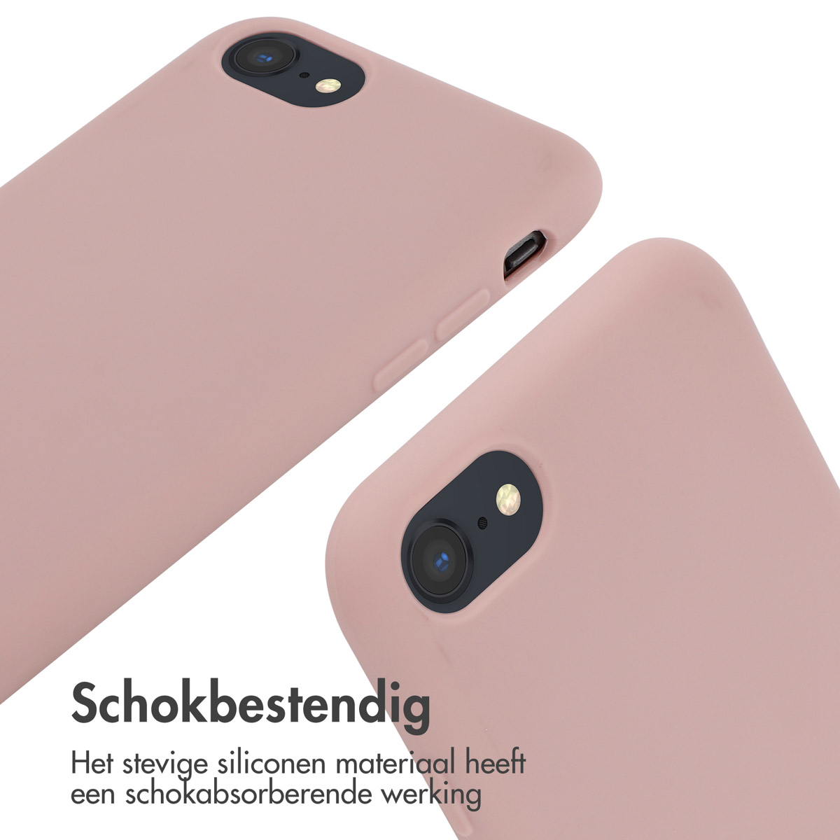 Close-up van een roze telefoonhoesje met camera en de tekst schokbestendig.