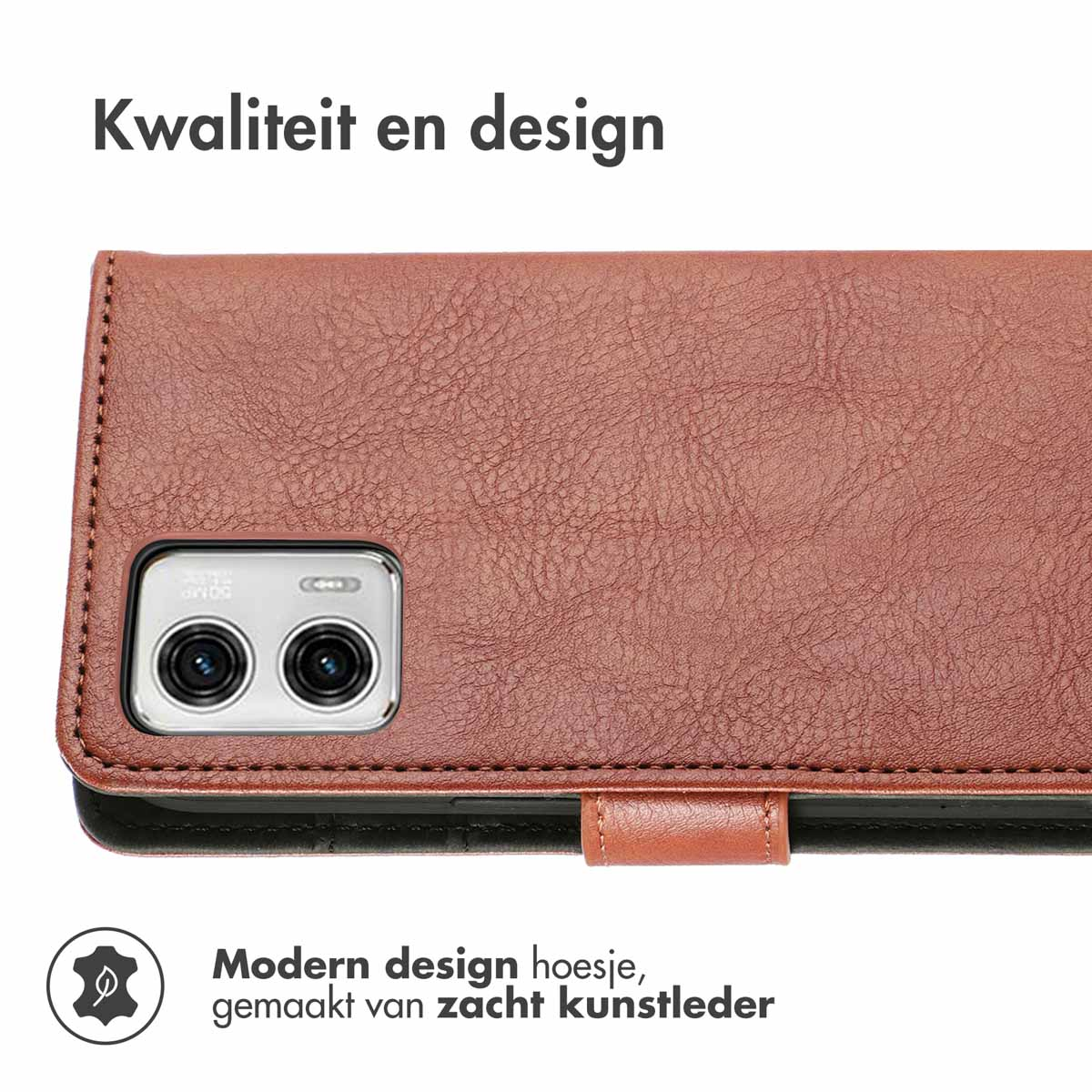 Bruine leren telefoonhoes. Gesloten, toont cameralenzen.