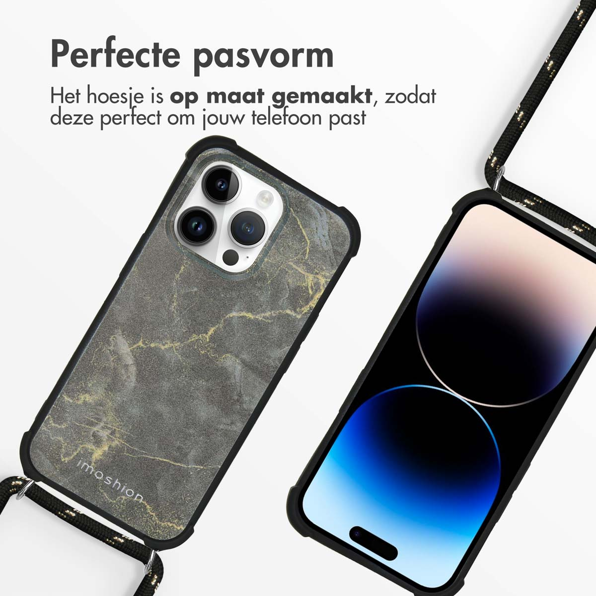 Twee telefoonhoesjes met een bandje. Eén met een marmer design en de andere met een blauw design.