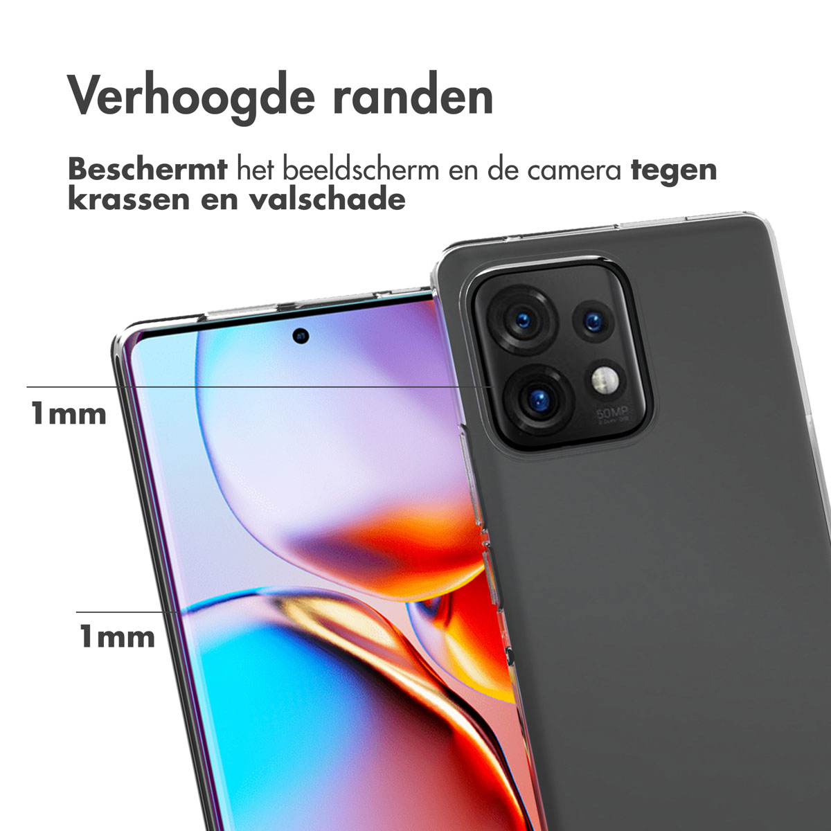 Een telefoonhoesje met opstaande randen. De randen beschermen het scherm en de camera tegen krassen en schade.