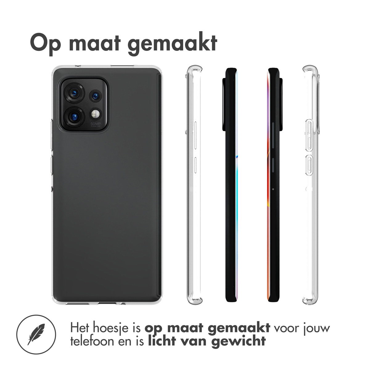 Verschillende telefoonhoesjes, zwart, grijs en doorzichtig. Telefoons rechts.