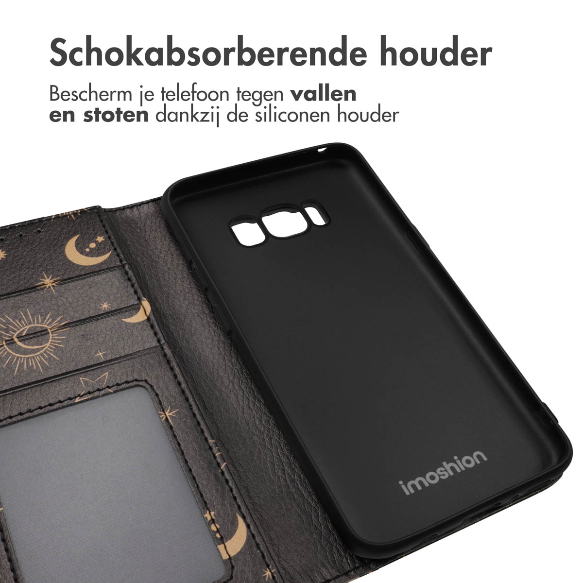 Zwarte telefoonhoes, open, met een telefoon erin. De hoes is zwart.