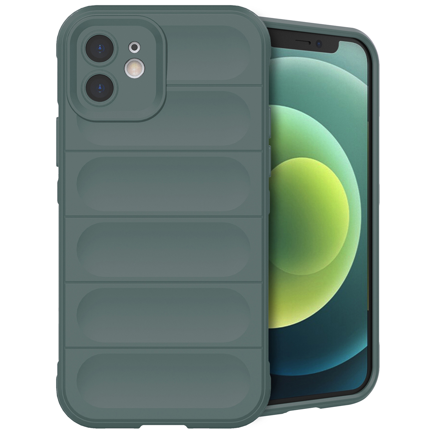 Coque de téléphone verte avec un design et un téléphone, la caméra est visible.