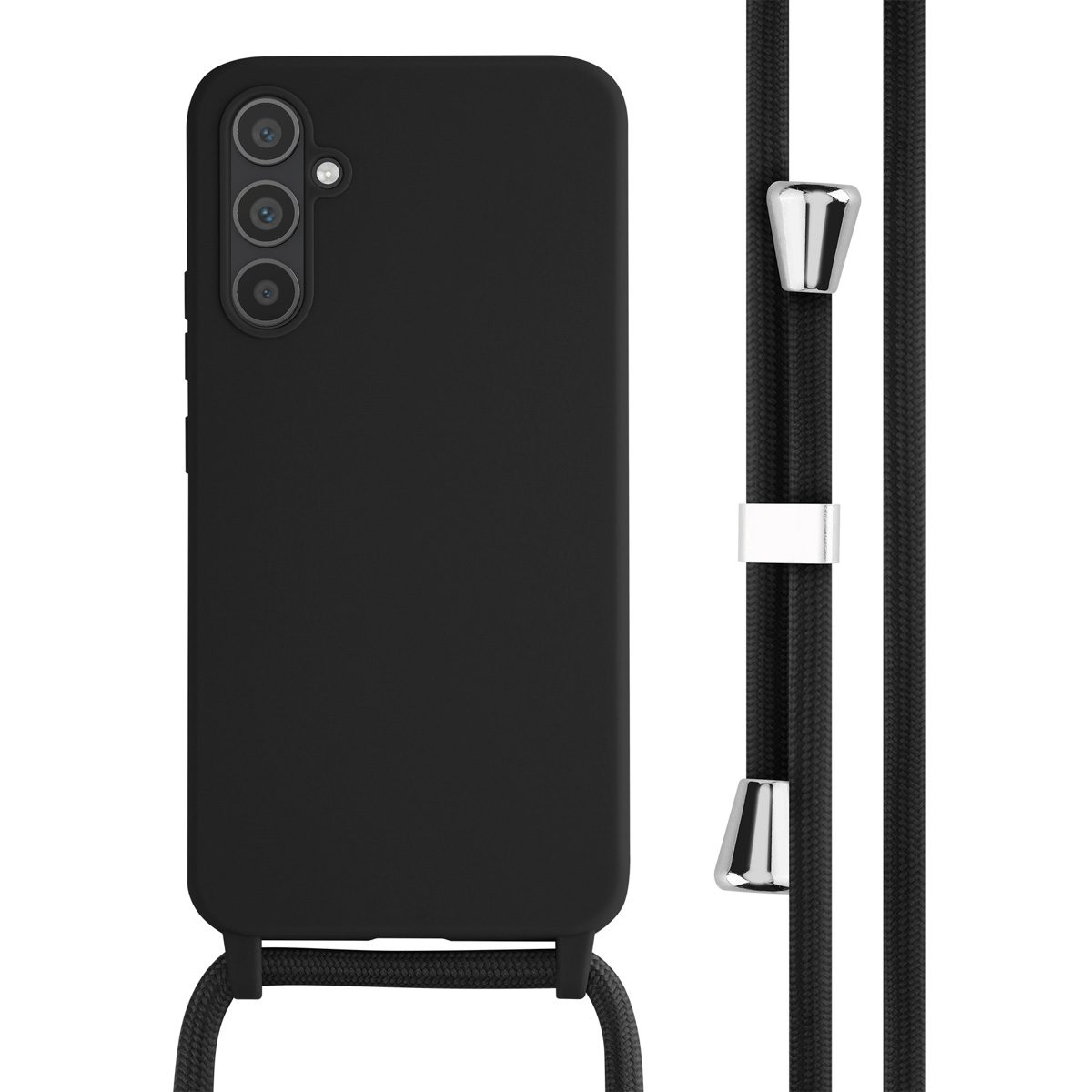 Zwarte telefoonhoes met drie cameralenzen en een bijpassend koord met zilveren accenten.