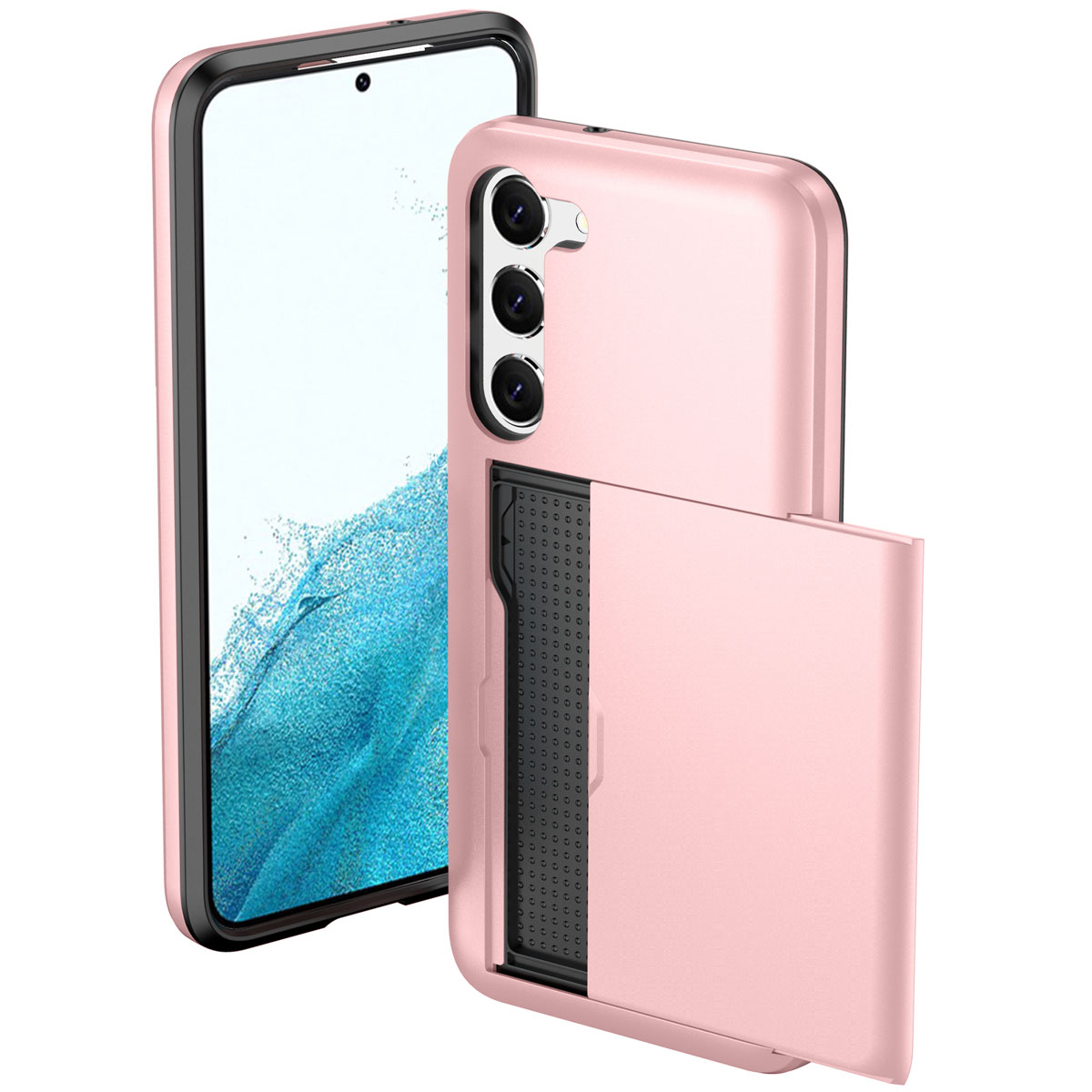 Roze telefoonhoesje met een creditcardhouder. Een telefoon links, hoes rechts.