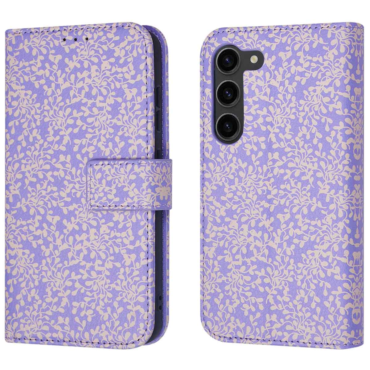 Paarse telefoonhoes met bloemenpatroon open en dicht.