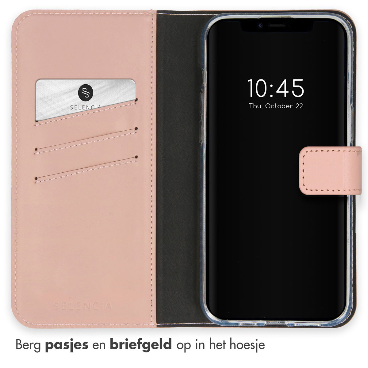 Telefoonhoesje, open om het scherm te laten zien. Er zitten kaarten links en een telefoonscherm rechts.