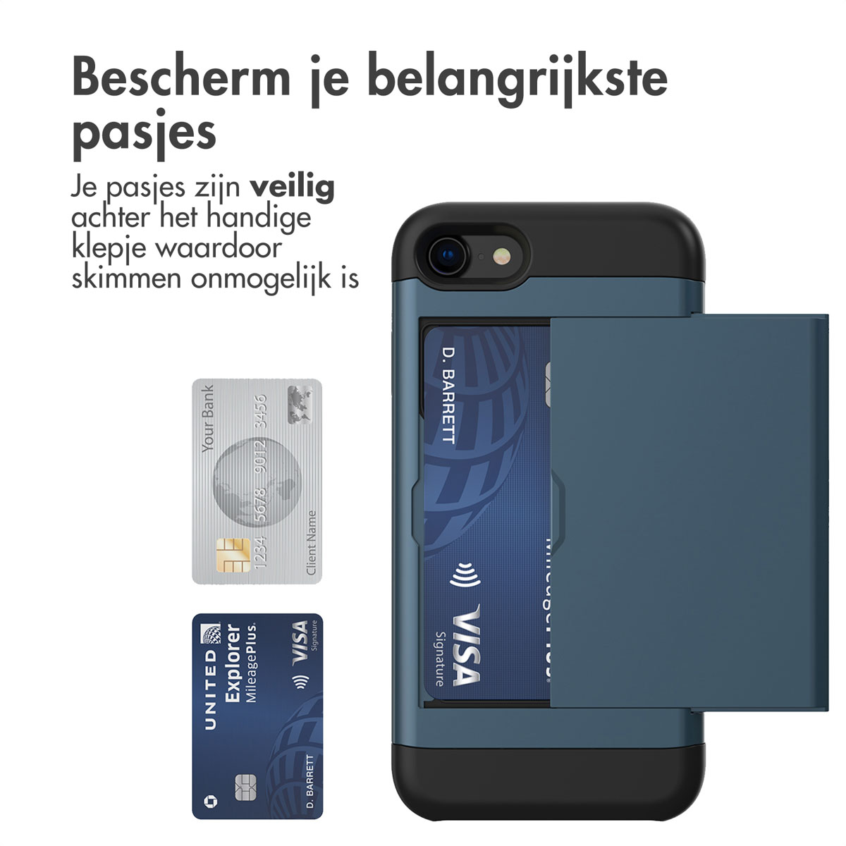 Blauwe telefoonhoes met een kaartsleuf. Drie creditcards zijn zichtbaar in de afbeelding. Tekst: Bescherm uw kaarten.