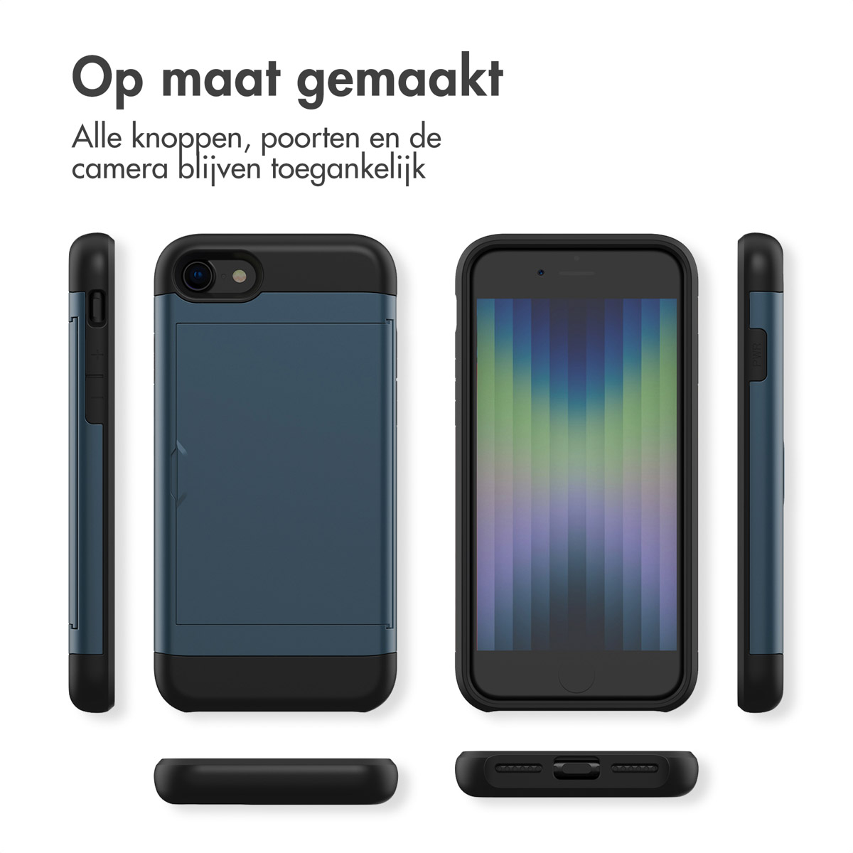 Een telefoonhoesje met meerdere hoeken. De hoes is donkerblauw en heeft een zwarte rand.
