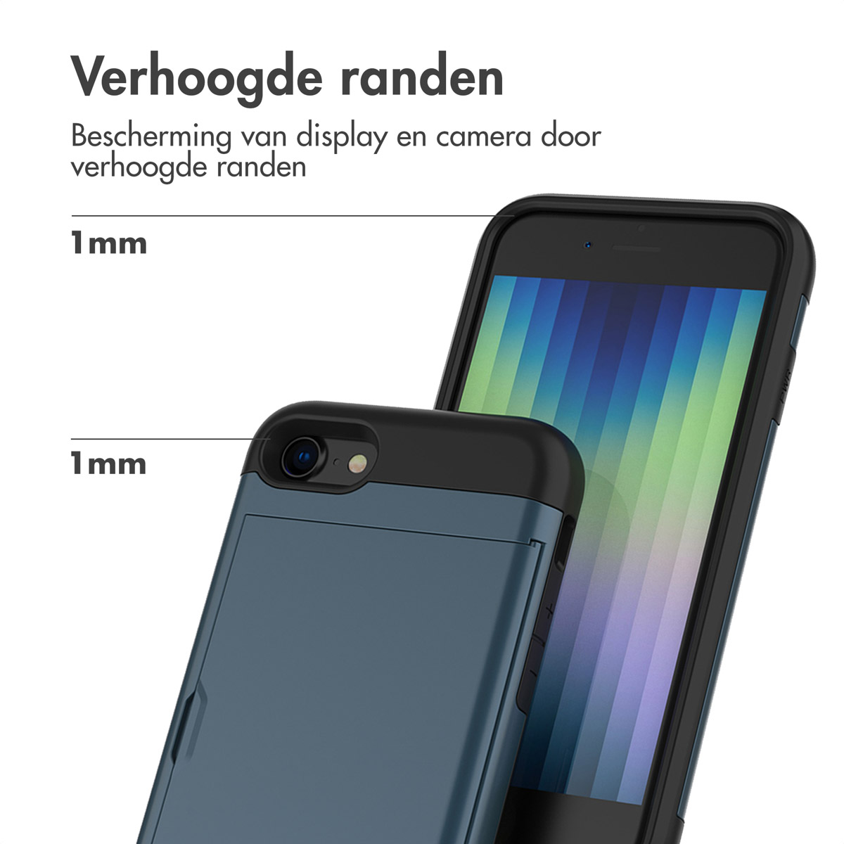 Telefoonhoes met opstaande randen, een telefoon en een beschrijving met afmetingen.