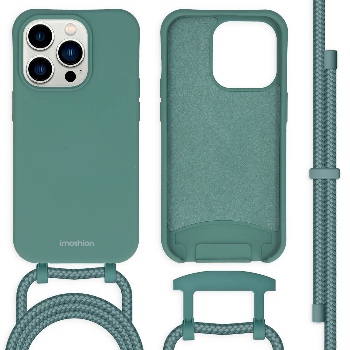 Coque de téléphone verte avec cordon. Le texte dit Imoshion. L'intérieur de la coque est vert. Le cordon est vert et blanc.