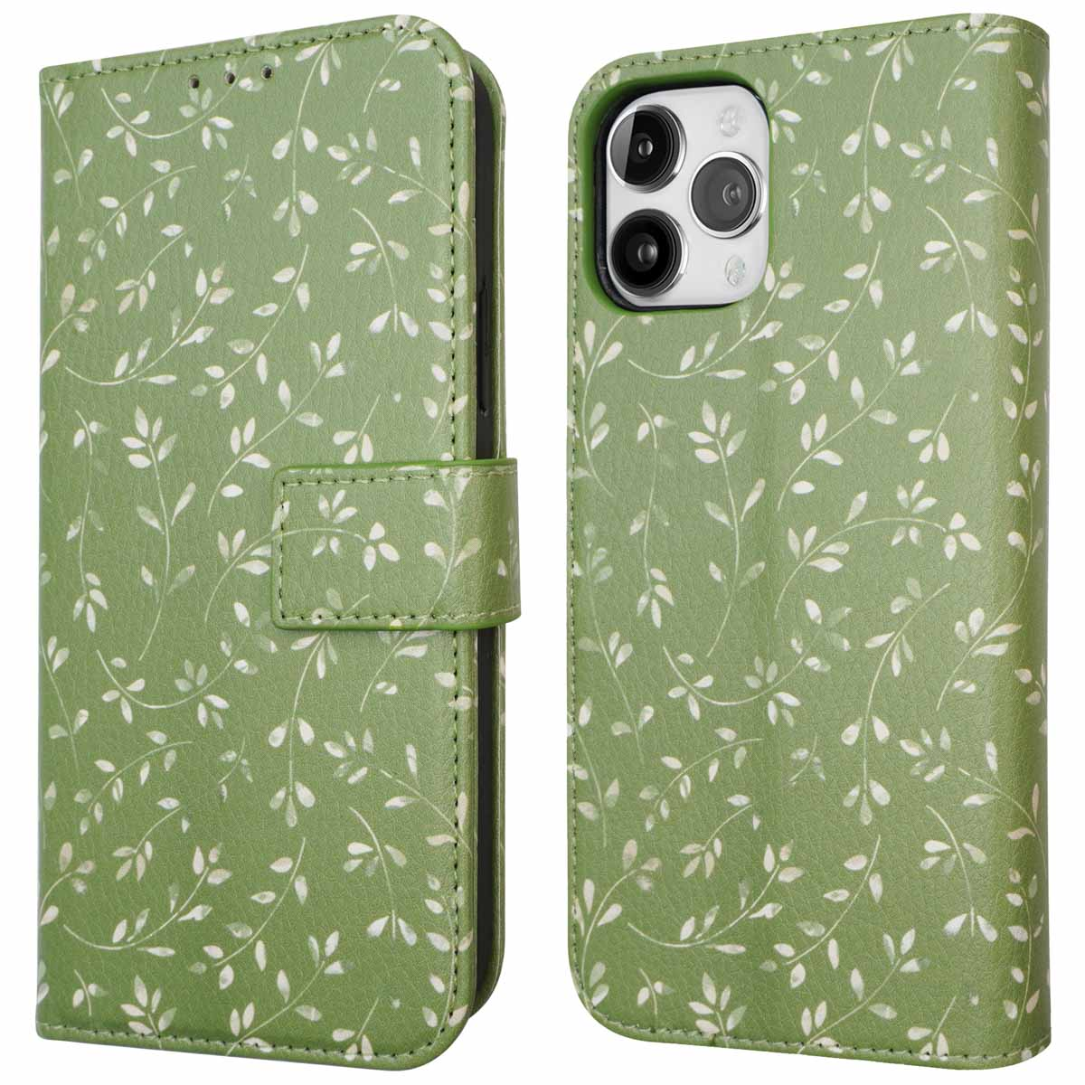 Groene telefoonhoes met wit bladerpatroon. De hoes is open om de telefoon te laten zien.