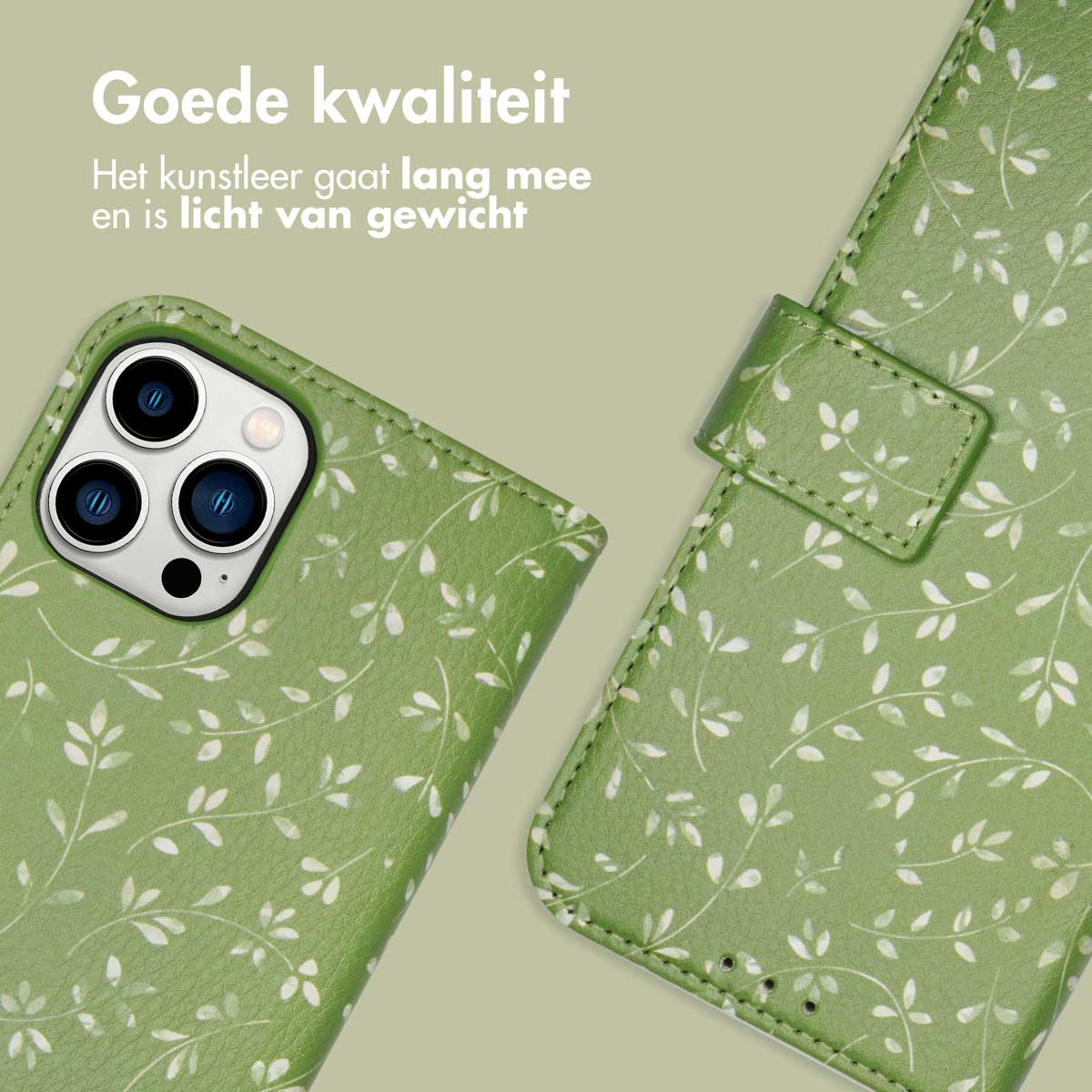 Groene telefoonhoes met bloemenpatroon. Achtergrond is wit.
