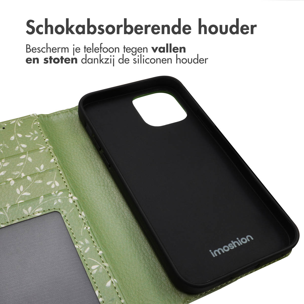 Groene telefoonhoes. Toont de binnenkant van de hoes en de telefoon.