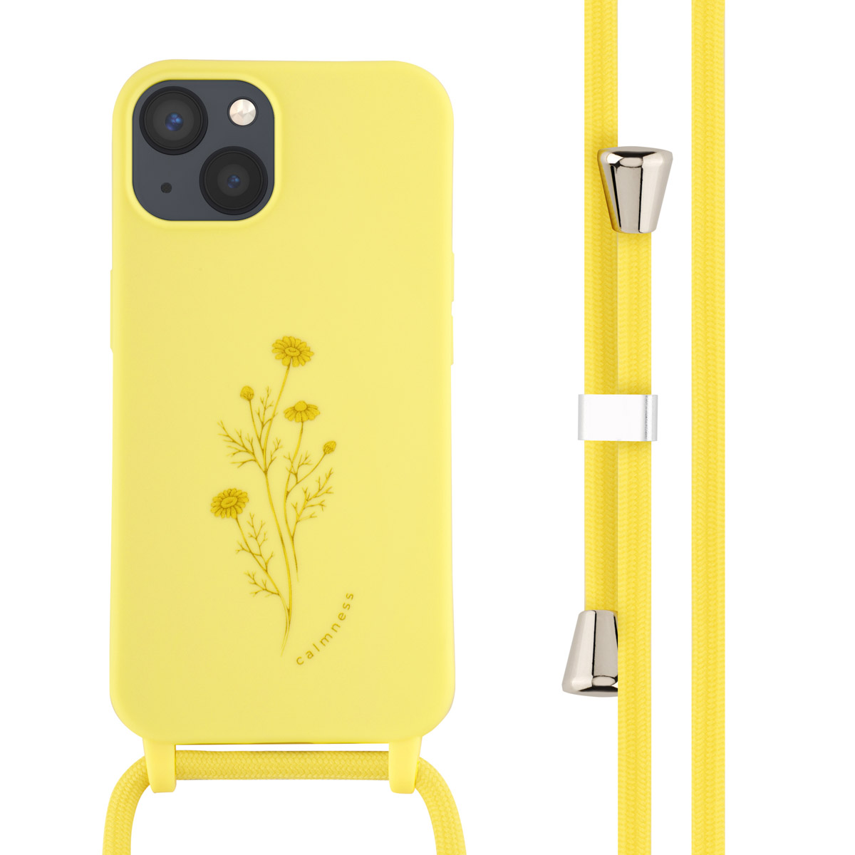 Gele telefoonhoes met madeliefjes en geel koord. Zilveren accenten.