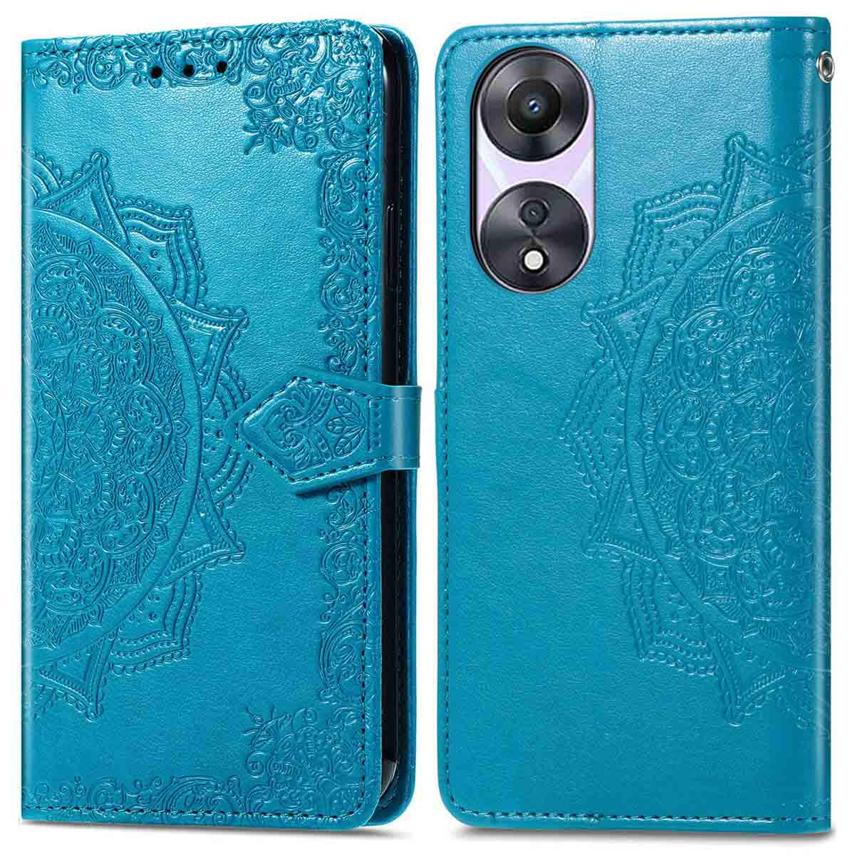 Blauwgroene telefoonhoes met een mandala-ontwerp. Er zit een telefoon in de hoes.