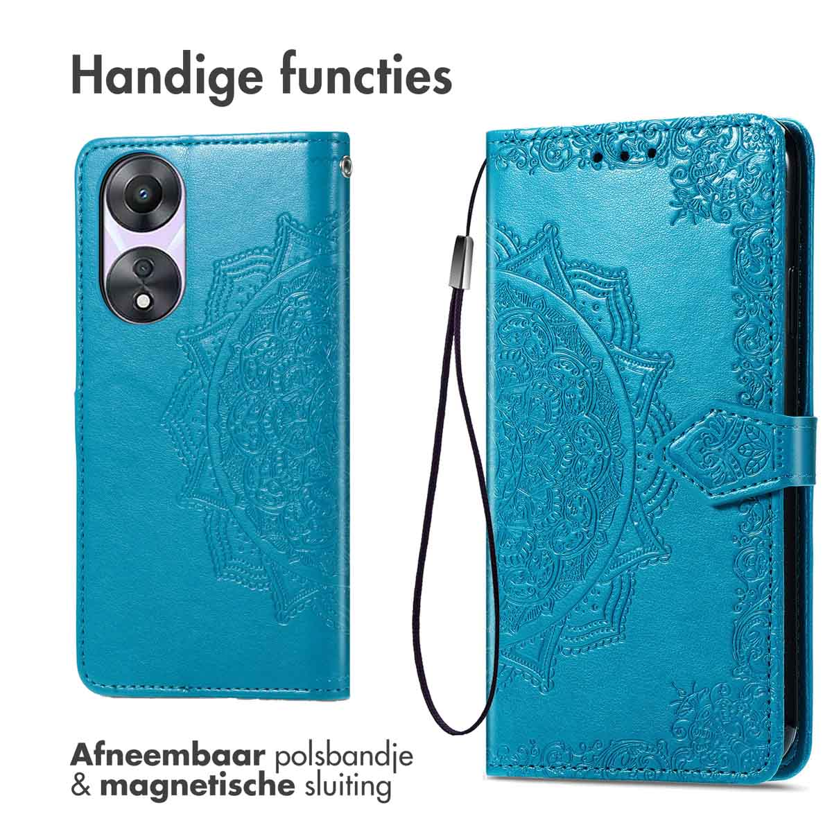 Blauwe telefoonhoes met een patroon. Er is een polsbandje bevestigd.