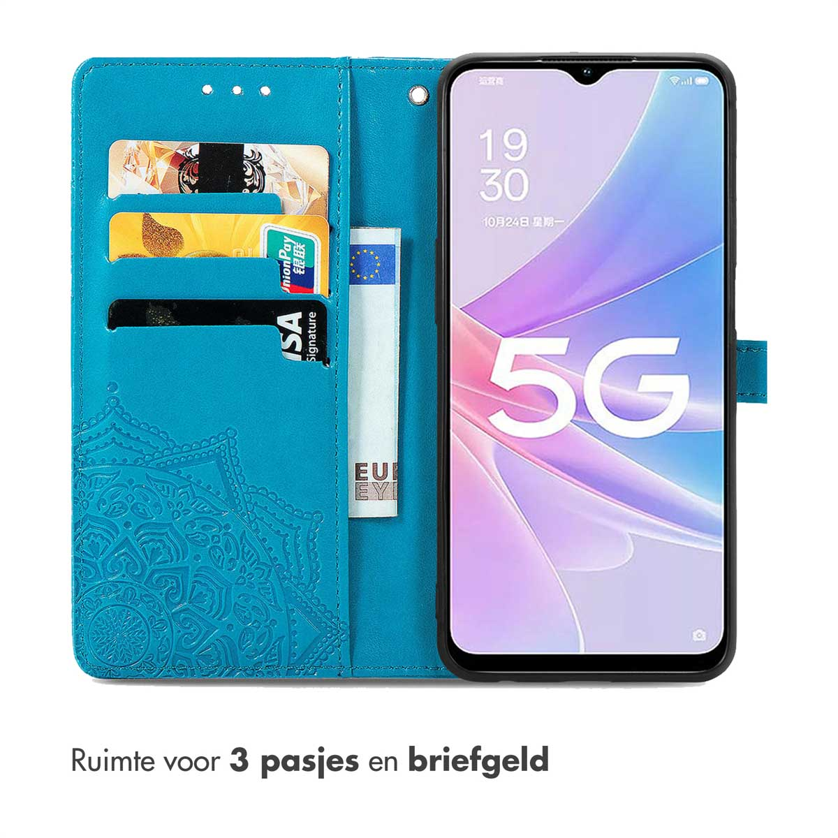 Een turquoise telefoonhoesje met kaartsleuven en een telefoon. De telefoon toont de tijd en het 5G-logo.