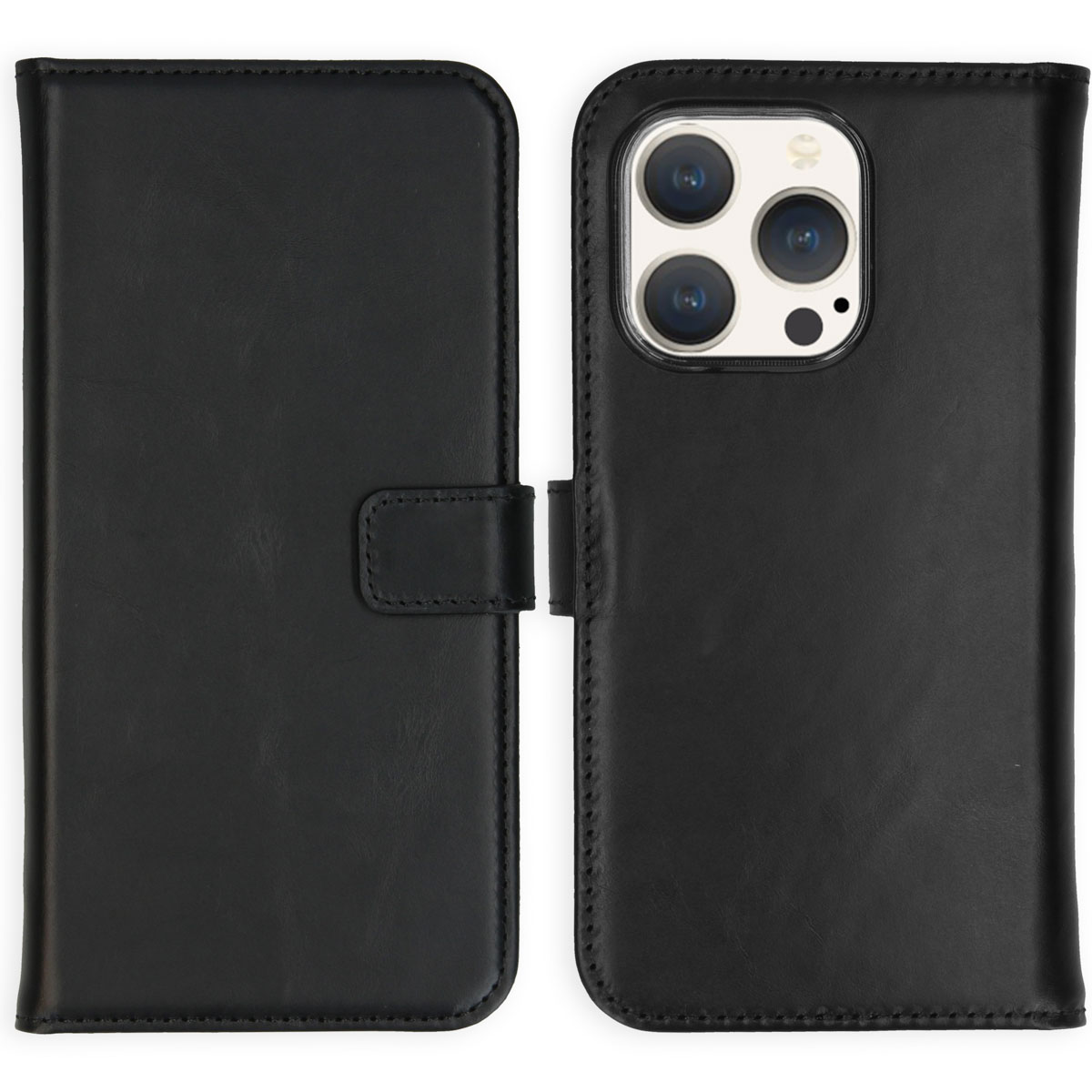 Custodia per telefono nera, che mostra un telefono. La custodia può essere aperta. Il testo dice: Qualità e design. Realizzata in pelle morbida.