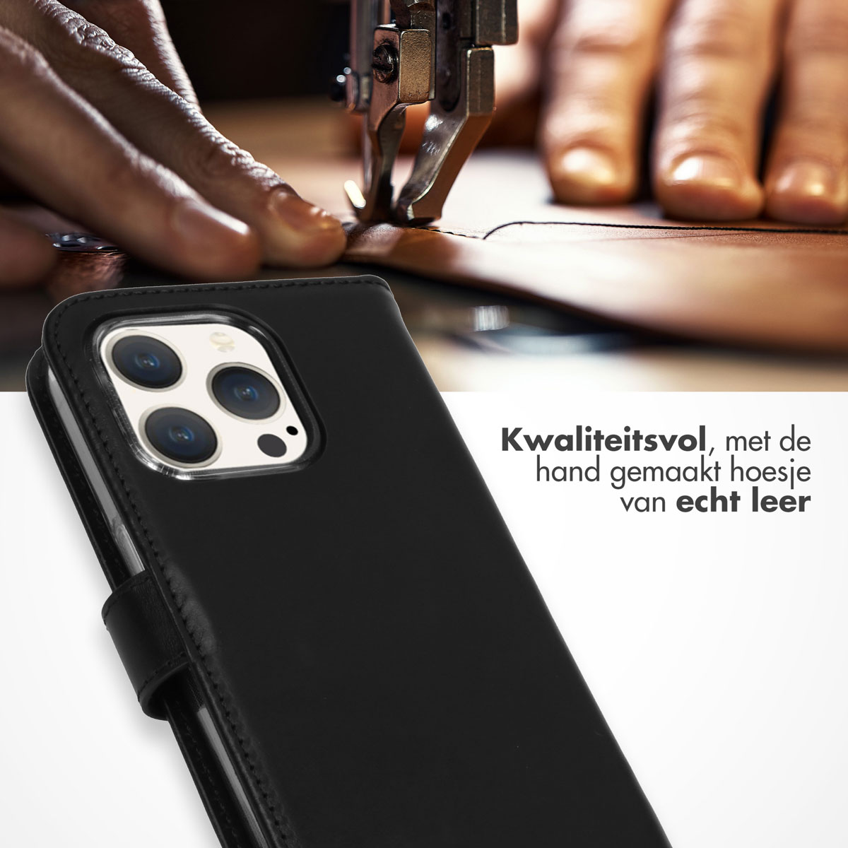 Eine schwarze Leder-Handyhülle wird genäht. Sie ist handgefertigt und von hoher Qualität. Die Nähmaschine wird gezeigt.