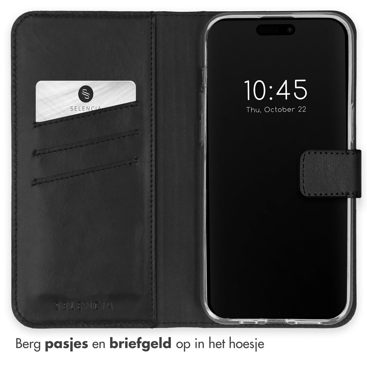 Eine schwarze Handyhülle mit Telefon im Inneren, geöffnet, zeigt eine Karte und den Bildschirm.