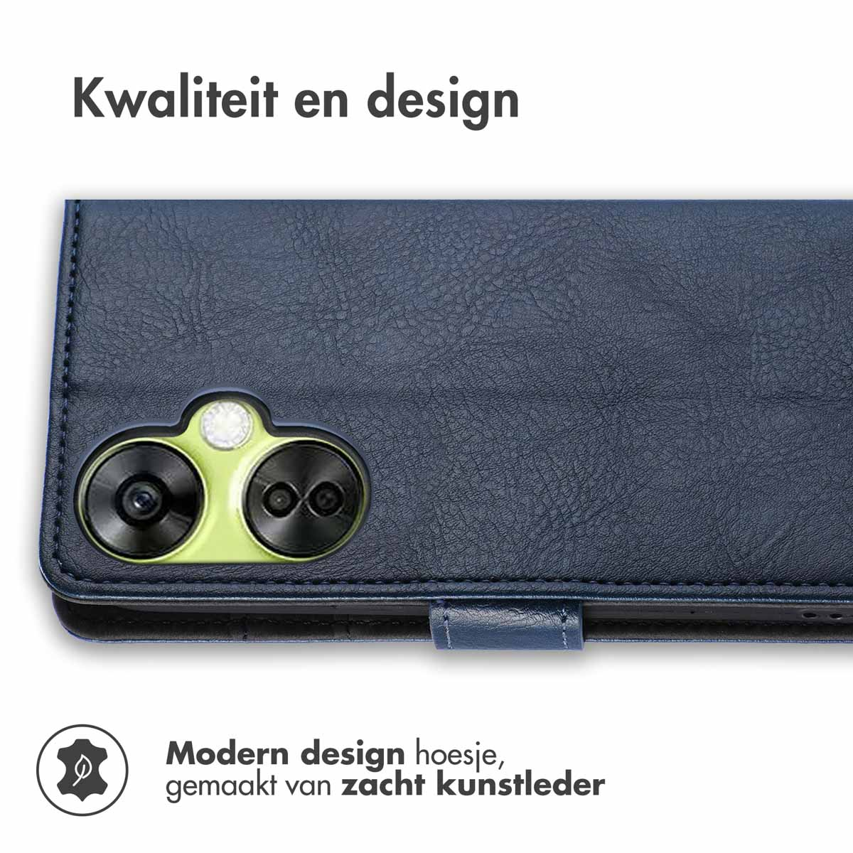 Primo piano di una custodia per telefono blu scuro. Il testo sull'immagine dice 'Kwaliteit en design'.