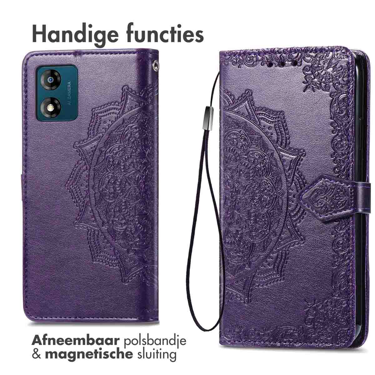 Paarse telefoonhoes, mandala-ontwerp, afneembare polsriem.