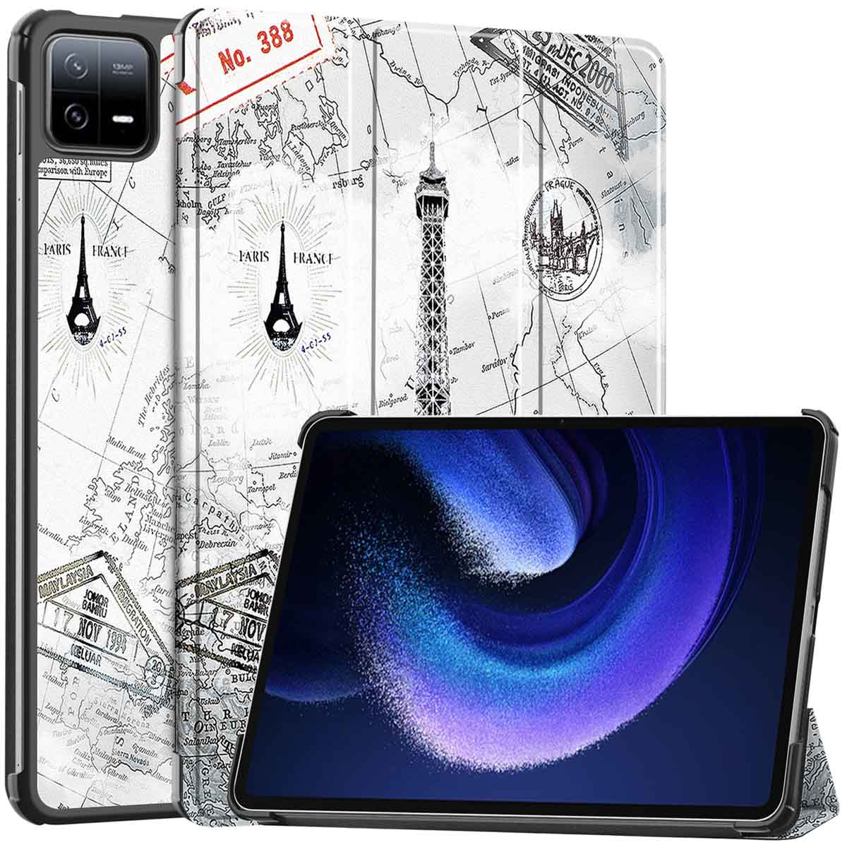 Phone case with a map design featuring the Eiffel Tower and a tablet displaying a galaxy image.