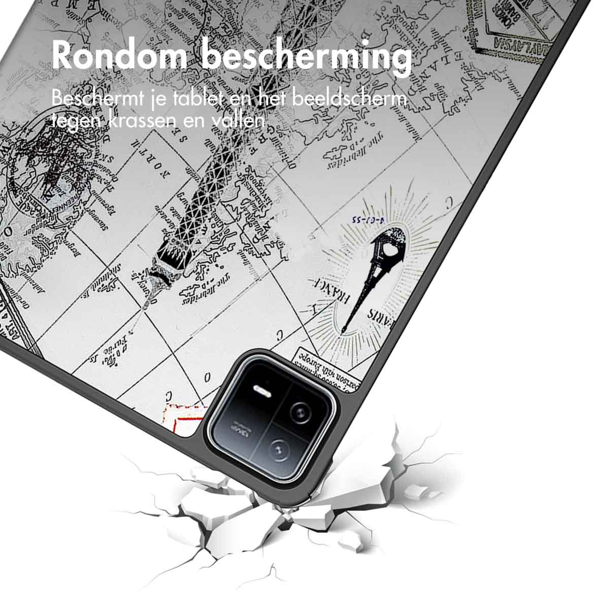 A phone case with a map design is falling on broken white tiles. Text on the case says 'Rondom bescherming'.