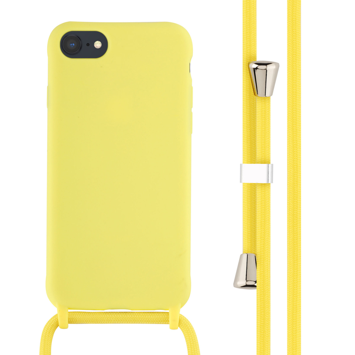 Een gele telefoonhoes met een gele koord. De hoes heeft een cameragat en is effen.