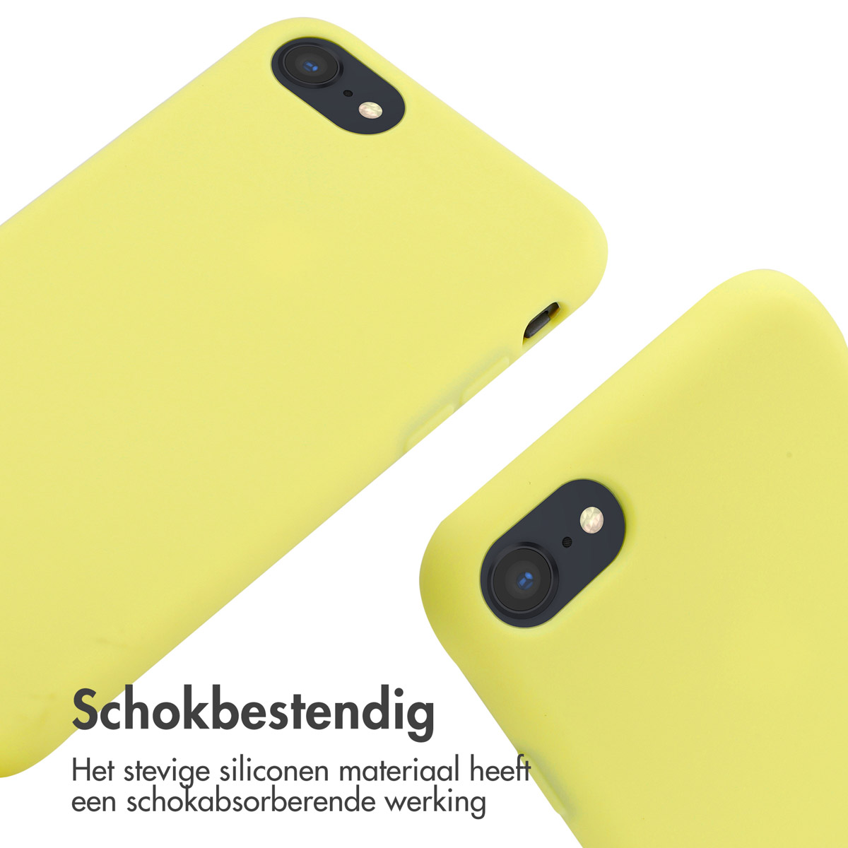 Twee gele telefoonhoesjes op een wit oppervlak, focus op de camera.