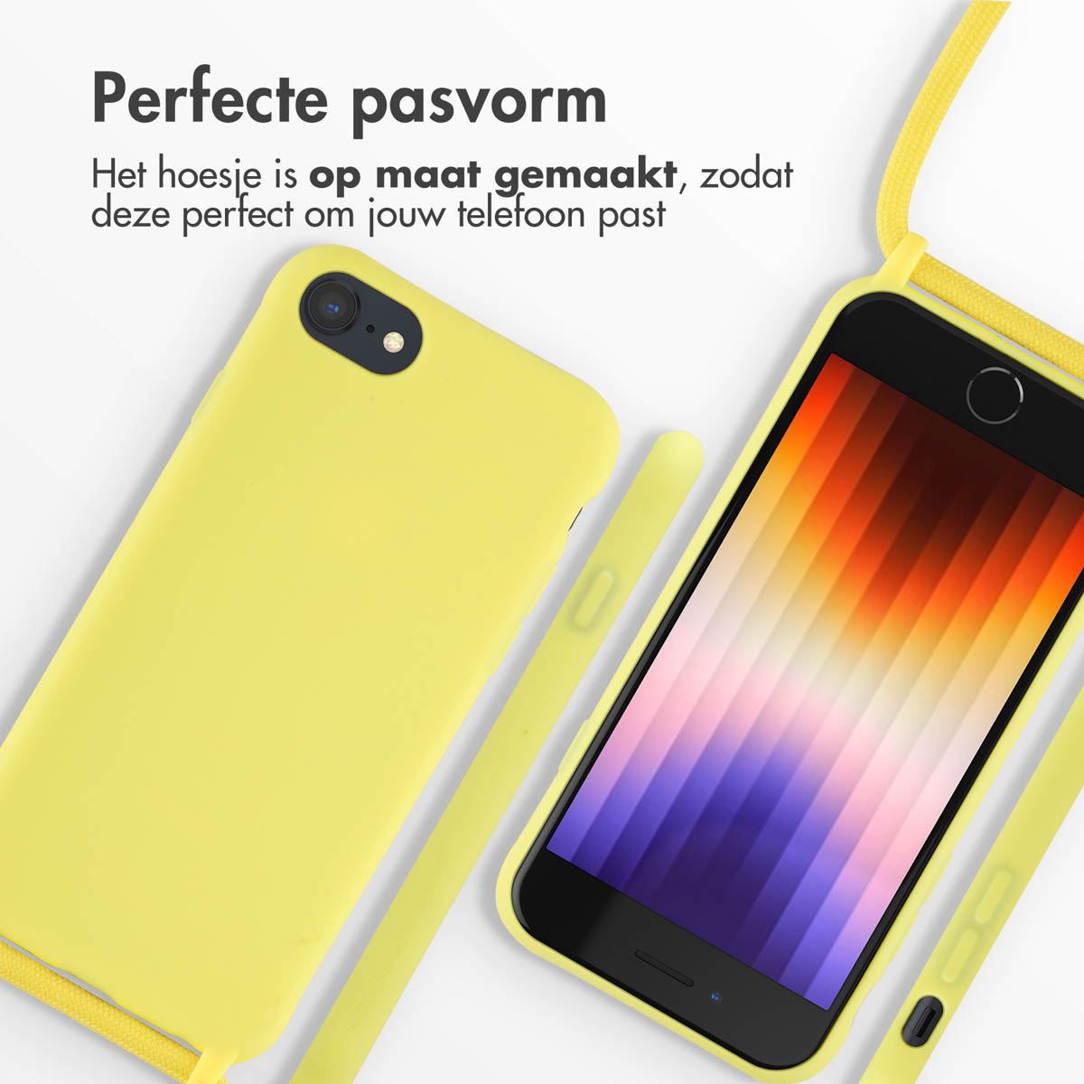 Een gele telefoonhoes, een gele band en een telefoon in een hoes op een wit oppervlak. Tekst: 'Perfecte pasvorm'.