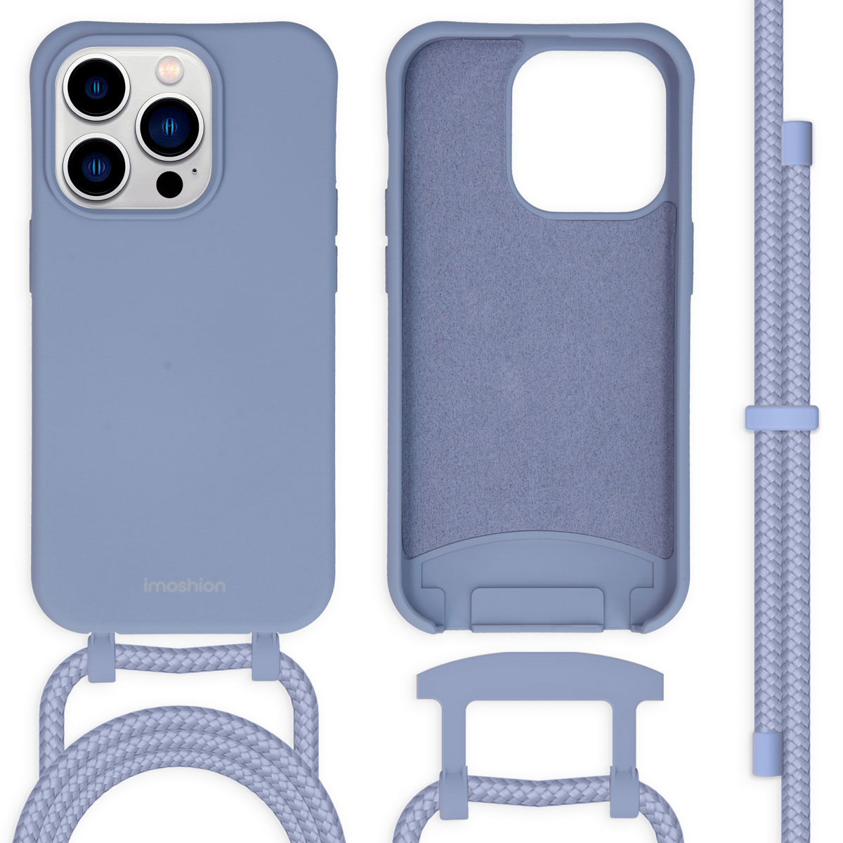 Coque de téléphone bleue avec cordon. Coque à gauche, intérieur de la coque et pièces du cordon à droite.
