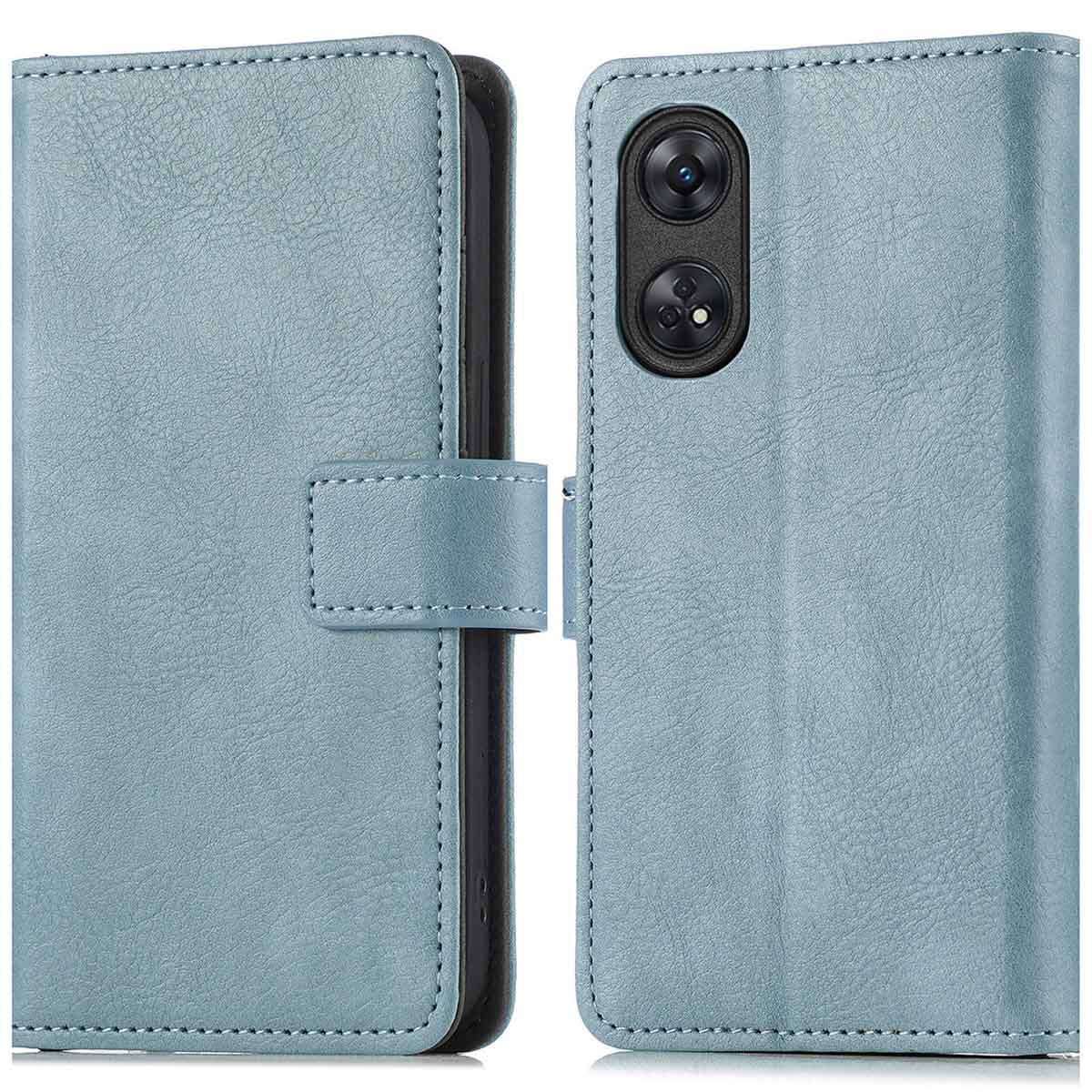 Blauwe telefoonhoes, open, met sluiting. De telefoon heeft twee camera's. De achtergrond is wit.
